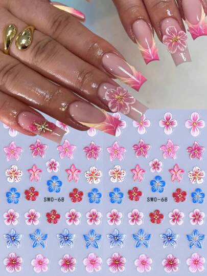 2 قطعة ملصقات أظافر أنيقة زهرة الخبازي 5D ، قطعتان زهرة وبتلات باللون الوردي والأزرق والأحمر لأسلوب الصيف DIY Y2K لاصقة ذاتية الالتصاق شريحة ديكور فن الأظافر والمناكير للنساء