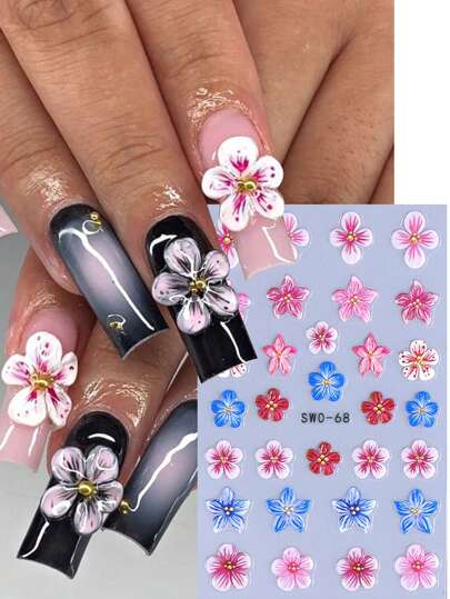 2 قطعة ملصقات أظافر أنيقة زهرة الخبازي 5D ، قطعتان زهرة وبتلات باللون الوردي والأزرق والأحمر لأسلوب الصيف DIY Y2K لاصقة ذاتية الالتصاق شريحة ديكور فن الأظافر والمناكير للنساء