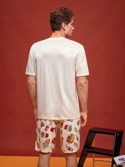 طقم ملابس منزلية تي شيرت كاجوال رجالي بطبعة هامبرغر بأكمام قصيرة وشورت