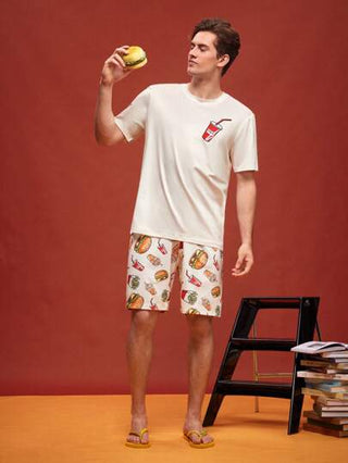 طقم ملابس منزلية تي شيرت كاجوال رجالي بطبعة هامبرغر بأكمام قصيرة وشورت