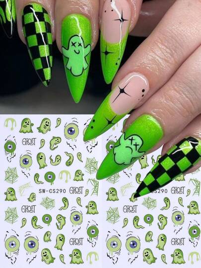 2 قطعة تصاميم هالوين الخضراء ملصقات أظافر ثلاثية الأبعاد بشكل شبكة عنكبوت وشبح ولهب، تصاميم أعياد للأظافر، ملصقات لاصقة ذاتيًا لتزيين الأظافر الاكريليكية