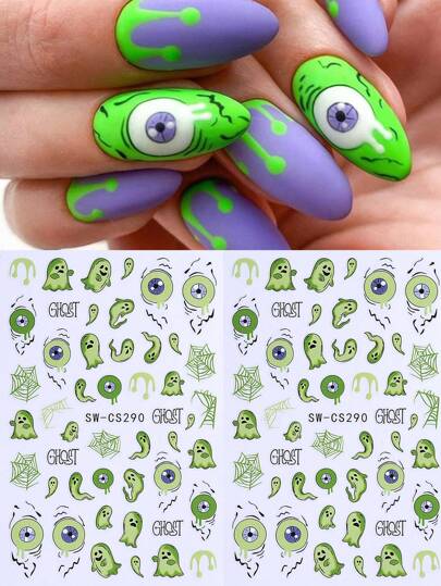 2 قطعة تصاميم هالوين الخضراء ملصقات أظافر ثلاثية الأبعاد بشكل شبكة عنكبوت وشبح ولهب، تصاميم أعياد للأظافر، ملصقات لاصقة ذاتيًا لتزيين الأظافر الاكريليكية