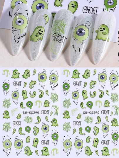 2 قطعة تصاميم هالوين الخضراء ملصقات أظافر ثلاثية الأبعاد بشكل شبكة عنكبوت وشبح ولهب، تصاميم أعياد للأظافر، ملصقات لاصقة ذاتيًا لتزيين الأظافر الاكريليكية