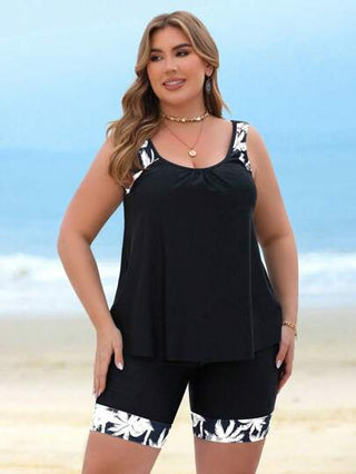 SHEIN Swim Curve بدلة سباحة تانكيني كبيرة الحجم بعروات واسعة وياقة دائرية بلا أكمام للصيف