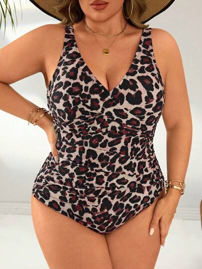 Swim Lushoire بدلة السباحة من قطعة واحدة للمرأة plus size ذات حمالات رفيعة ذات طبعات نمر، مخفية للبطن، رفيعة المستوى مثالية للعطلات