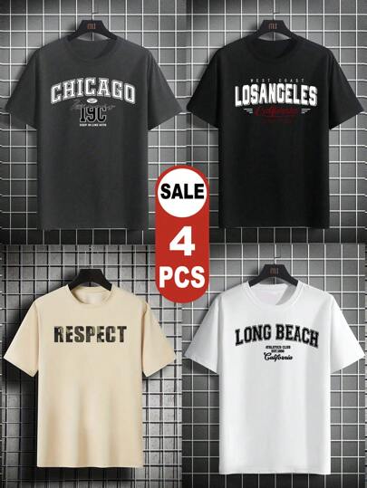 مجموعة من 4 قطع من تيشيرتات الرجال قصيرة الأكمام للصيف ، مجموعة الموضة 2025 ، تشمل مجموعة متنوعة من الألوان والتصاميم ، سهلة المزج والتناسق ، مثالية للارتداء اليومي