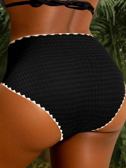 Swim Lushoire بوكسر أسود عالي الخصر مع تريم للنساء ذوات الأحجام الكبيرة، مناسب للارتداء في الشاطئ خلال فصل الصيف