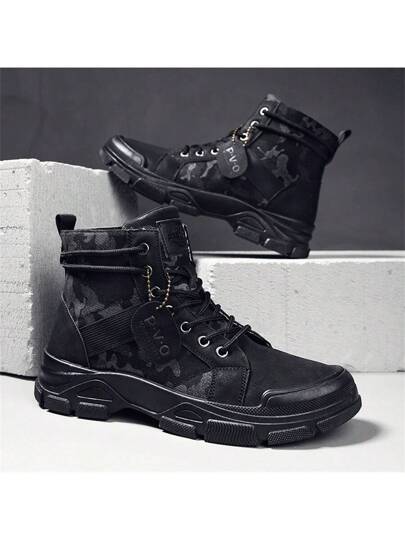 بوت رجالية أنيقة عصرية ذات نعل طري, بوت برقبة عالية "تناسب الجميع", بوت صحراوية سوداء باطبعات عشوائية