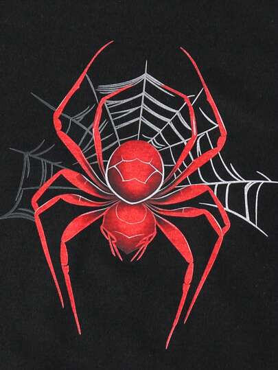 مجموعة قميص وشورت صيفي من قطعتين مع رسم عنكبوت جذاب للأولاد الصغار، قميص بياقة مستديرة وأكمام قصيرة وشورت ، كاجوال وجميل