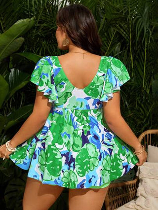 SHEIN Swim Curve بيكيني عبارة عن قطعتين مع سترة عليها طباعة رقمية وشورت بلون واحد للنساء ذوات المقاسات الكبيرة، ملابس سباحة محتشمة مناسبة لحفلات الشاطئ والمنتجعات