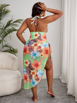 Slaydiva مجموعة ملابس السباحة للمرأة البدينة المطبوعة بشكل عشوائي، كاجوال وأنيقة، مع تنورة شاطئية للتغطية