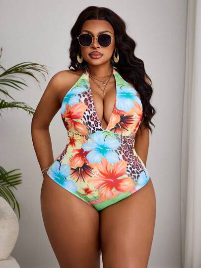 Slaydiva مجموعة ملابس السباحة للمرأة البدينة المطبوعة بشكل عشوائي، كاجوال وأنيقة، مع تنورة شاطئية للتغطية