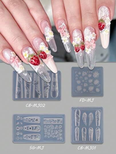 1/ 4 قطع قالب حفر مزخرف من السيليكون لأشكال الملاك والأجنحة والفواكه والكاميليا، أداة مناسبة لتصميم وزخرفة الأظافر النسائية
