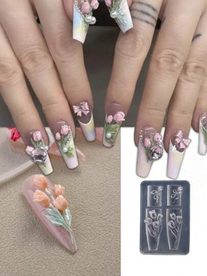 1 أو 3 قطع أدوات نحت فنية من السيليكون ذات نقوش بارزة بنقشات الورود والزنابق والزهور، مناسبة لأدوات تزيين الأظافر بتصميمات DIY
