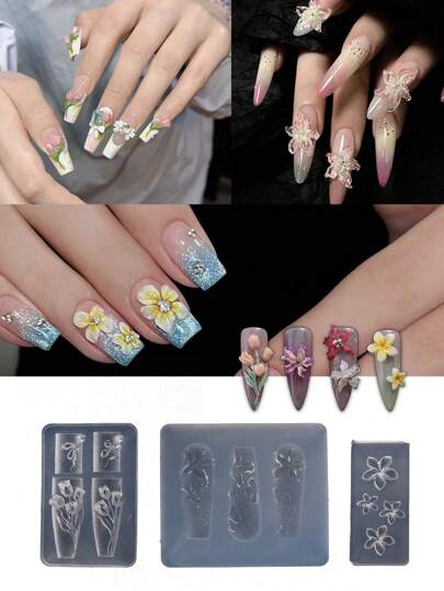 1 أو 3 قطع أدوات نحت فنية من السيليكون ذات نقوش بارزة بنقشات الورود والزنابق والزهور، مناسبة لأدوات تزيين الأظافر بتصميمات DIY