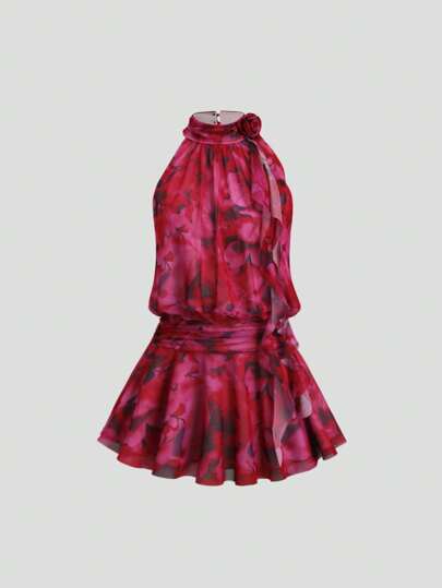 Sweetra فستان قصير أنيق للنساء بطبعة زهرية ثلاثية الأبعاد وزخرفة زهور، صيفي