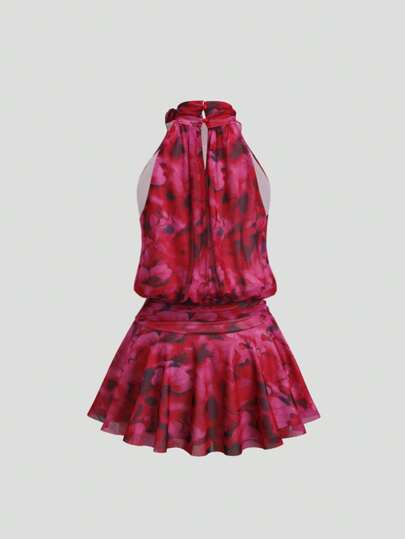 Sweetra فستان قصير أنيق للنساء بطبعة زهرية ثلاثية الأبعاد وزخرفة زهور، صيفي