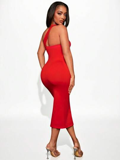 SXY فستان ضيق مفتوح الكتف الواحد موحدة اللون