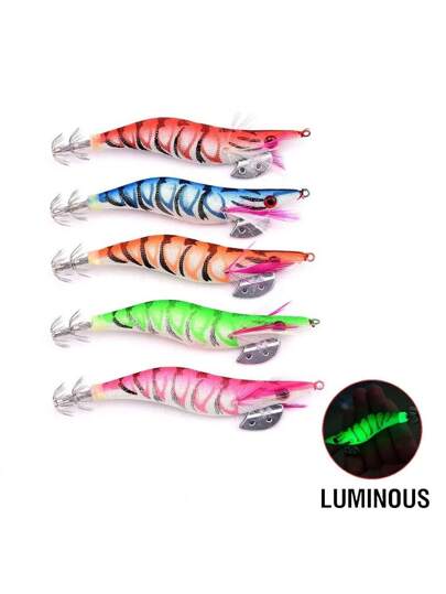 طعم صيد الجمبري الخشبي ذو الإضاءة المتوهجة على شكل حبار وأخطبوط، بعيون ثلاثية الأبعاد، طعم صلب متموج مجسم، طعم صيد الحبار (سيتم التوصيل بألوان عشوائية للعين)