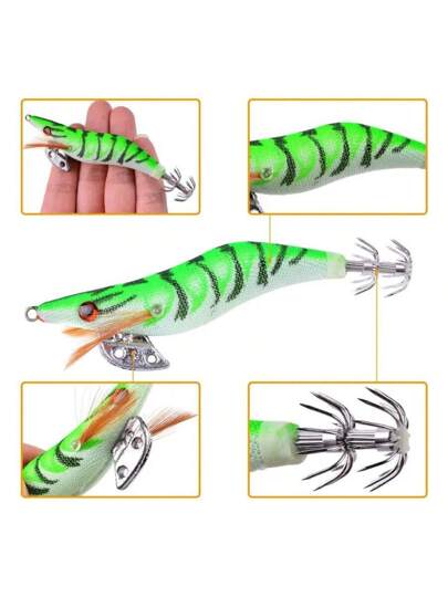 طعم صيد الجمبري الخشبي ذو الإضاءة المتوهجة على شكل حبار وأخطبوط، بعيون ثلاثية الأبعاد، طعم صلب متموج مجسم، طعم صيد الحبار (سيتم التوصيل بألوان عشوائية للعين)