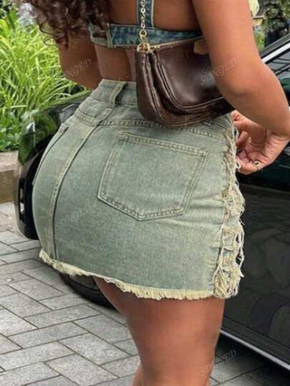 تنورة جينز قصيرة مصممة بتصميم شرائط إمريكي كلاسيكي مناسبة لموسم الصيف بالنمط الأوروبي والإمريكي الشائع