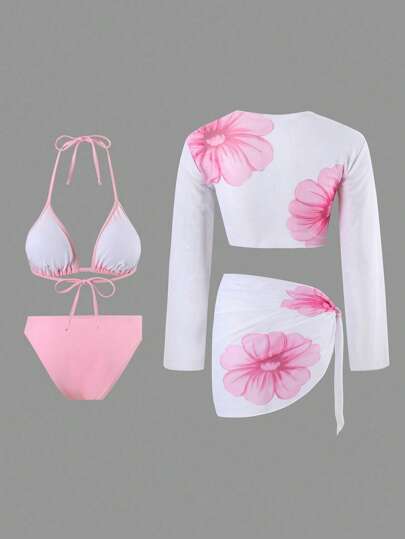 Swim Oasis 4 قطع/مجموعة ملابس صيفية للنساء مزخرفة بشكل زهور ، بدلة السباحة وزي الشاطئ