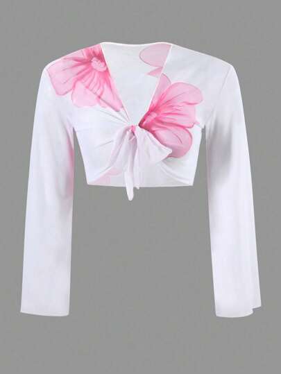 Swim Oasis 4 قطع/مجموعة ملابس صيفية للنساء مزخرفة بشكل زهور ، بدلة السباحة وزي الشاطئ