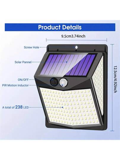 1 جهاز 238 LED كامل الوظائف، ضوء جداري خارجي مقاوم للماء يعمل بالطاقة الشمسية، ضوء حركة مقاوم للماء ب- 238 بطارية LED فائقة السطوع، 3 ألواح إضاءة قابلة للتعديل، 3 أوضاع إضاءة، ببطارية داخلية 1200 مللي أمبير، تصنيف مقاوم للماء IP65، مناسب لأبواب الحدائق وا