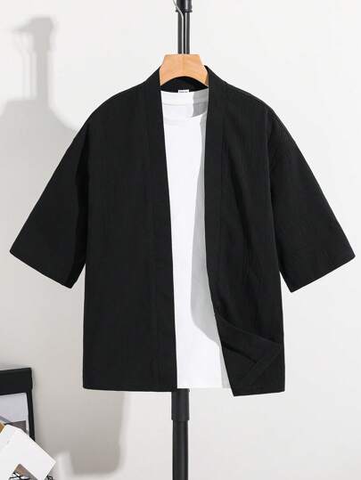 قميص كاجوال مريح وعملي مفتوح الأمام بياقة الكيمونو 7/8 أكمام للأولاد في سن المراهقة