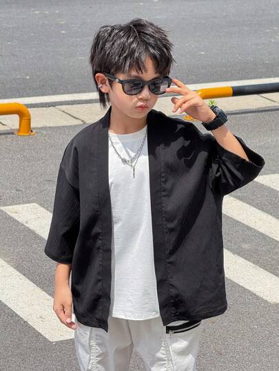 قميص كاجوال مريح وعملي مفتوح الأمام بياقة الكيمونو 7/8 أكمام للأولاد في سن المراهقة