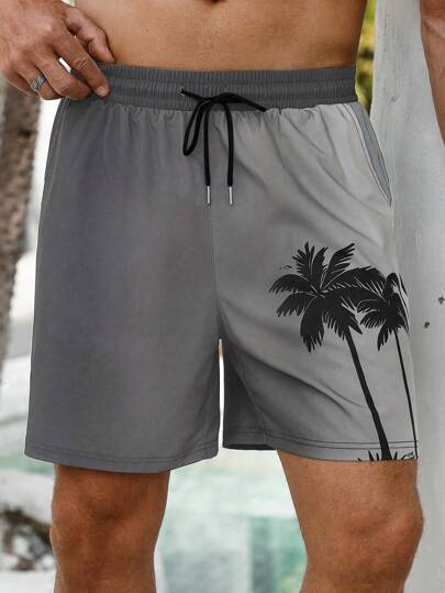 Manfinity VDAYZ بكيني رجالي مع رسم أشجار النخيل مناسب للشاطئ والعطلات، سروال سباحة بحبل رباط