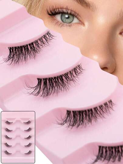5 أزواج من رموش عين نصفية من فرو المنك الصناعي، بسيقان شفافة وقابلة لإعادة الاستخدام، رموش زائفة طبيعية ناعمة، أدوات مكياج للإطالة