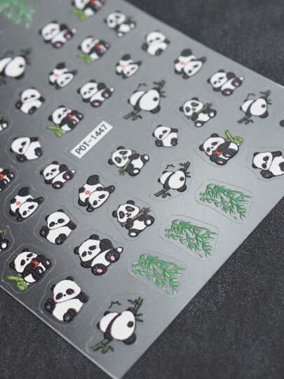 قطعة واحدة ملصق فني لأظافر باندا جميلة، ملصقات أظافر بلاستيكية لاصقة ذاتيًا بتصميم أوراق الخيزران الخضراء والباندا، بموضوع الحيوانات، بنهاية مُلمَع، بشكل غير متماثل، مستلزمات صالون أظافر DIY متاح للنساء