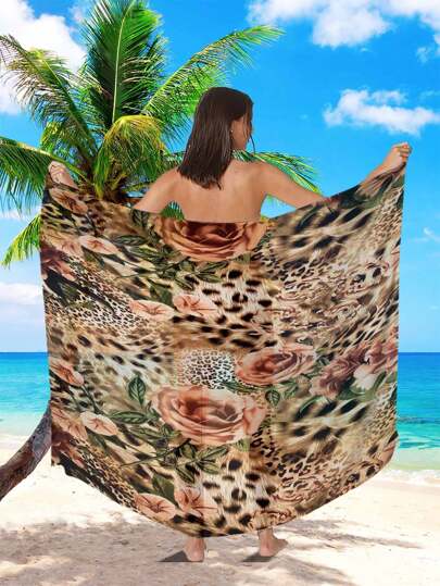 منشفة شاطئ واحدة مطبوعة بنمرة وزهور، رداء شاطئ زخرفي، ملابس شاطئ، فستان شاطئ متعدد الطرق شفاف أنيق، مصنوع من الشيفون، وممكن استخدامه كغطاء شاطئ