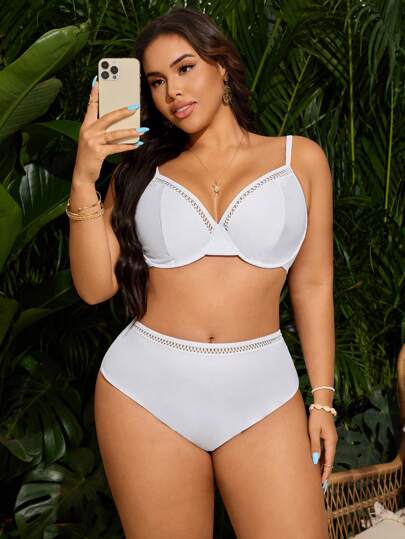 Swim Lushoire مجموعة بكيني تجميعي متقسم بألوان سادة مناسب للنساء ذوات الأحجام الكبيرة للأنشطة البحرية وعلى الشاطئ