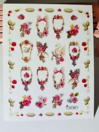 ملصقات فن الأظافر بإطار زهرة الورد البني الفاتح