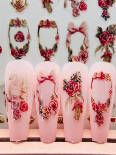 ملصقات فن الأظافر بإطار زهرة الورد البني الفاتح