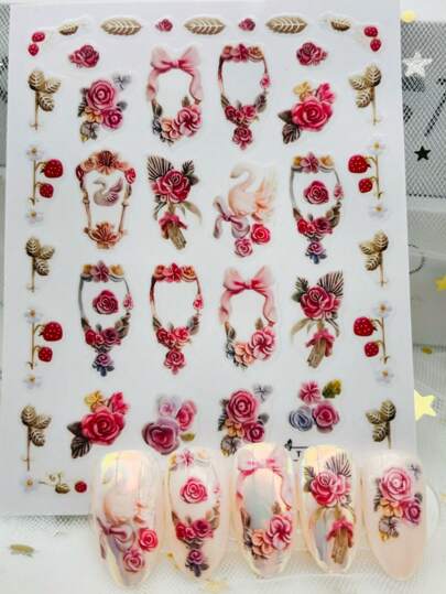 ملصقات فن الأظافر بإطار زهرة الورد البني الفاتح