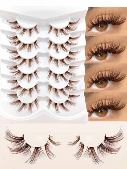 6 أزواج من رموش بنية لينة على شكل عين القطة ذات شريط شفاف غير مرئي، رموش طبيعية المظهر متقاطعة متقوسة بساق شفاف صناعية من الماعز وفرو الثعلب