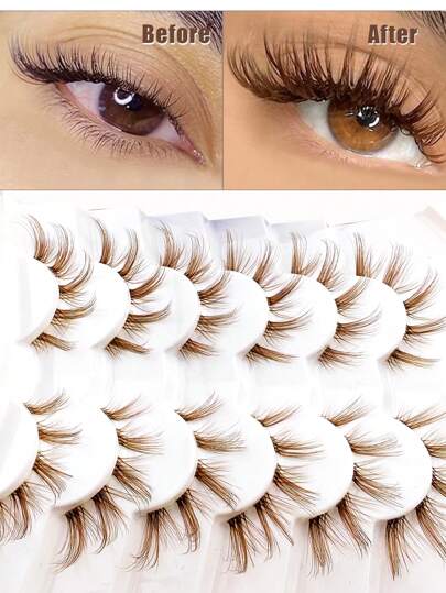 6 أزواج من رموش بنية لينة على شكل عين القطة ذات شريط شفاف غير مرئي، رموش طبيعية المظهر متقاطعة متقوسة بساق شفاف صناعية من الماعز وفرو الثعلب