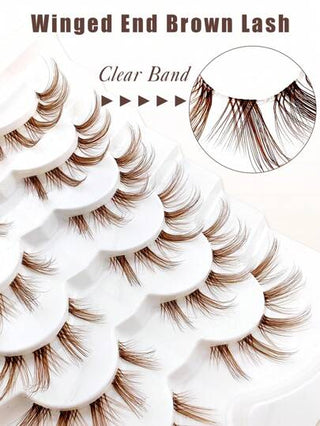 6 أزواج من رموش بنية لينة على شكل عين القطة ذات شريط شفاف غير مرئي، رموش طبيعية المظهر متقاطعة متقوسة بساق شفاف صناعية من الماعز وفرو الثعلب