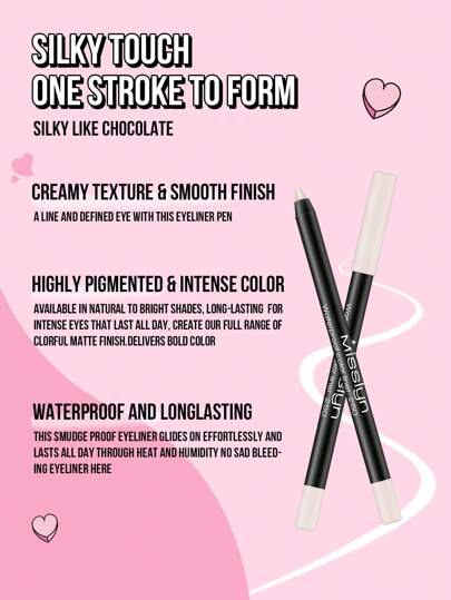 Misslyn مجموعة قلم تحديد مقاوم للماء من ماركة MISSLYN بعدد 2 قطعة ، قلم تحديد ملون مقاوم للماء طويل الأمد، ذو قوام ناعم وكريمي لتحقيق خطوط عينية جريئة ومحددة من الإظلال الماتي حتى اللامع والبراق، يمكن تشكيلها باستخدام مبراة أقلام