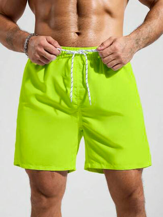 Manfinity Swimmode شورت شاطئ رجالي أحادي اللون ذو جيب وخصر بحبل, مناسب للصيف, طراز هاواي