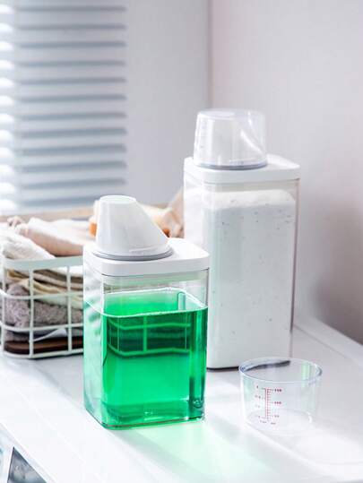 1 علبة تخزين مع كوب قياس، حاوية تخزين محكمة الغلق للحبوب والأغراض المختلفة، موزع معاد الاستخدام لمنظف الغسيل، خزان تخزين منظف الغسيل محكم الغلق، غسيل مريح وفعال