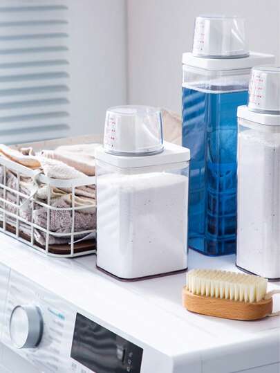 1 علبة تخزين مع كوب قياس، حاوية تخزين محكمة الغلق للحبوب والأغراض المختلفة، موزع معاد الاستخدام لمنظف الغسيل، خزان تخزين منظف الغسيل محكم الغلق، غسيل مريح وفعال