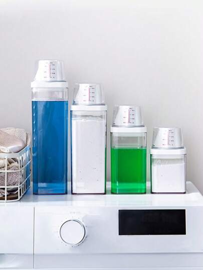 1 علبة تخزين مع كوب قياس، حاوية تخزين محكمة الغلق للحبوب والأغراض المختلفة، موزع معاد الاستخدام لمنظف الغسيل، خزان تخزين منظف الغسيل محكم الغلق، غسيل مريح وفعال