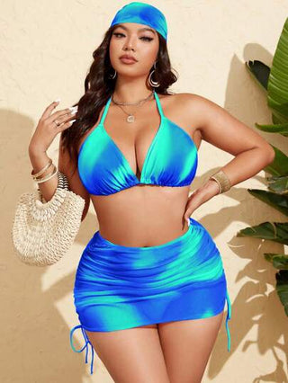 Slaydiva مجموعة بكيني مطبوع بطبعات التعتيق 4 قطع/مجموعة للمرأة بحجم كبير مع تنورة شبكية مجعدة، وأوشحة للشعر، طقم بدلة السباحة للشاطئ وأيام الصيف