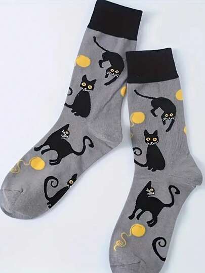 زوج جوارب مطبوعة برسم قطة سوداء بزي الشرطي - رمادي مرح بتفاصيل برتقالية، جوارب كاجوال ناعمة ومريحة، بتصميم نمط القطط