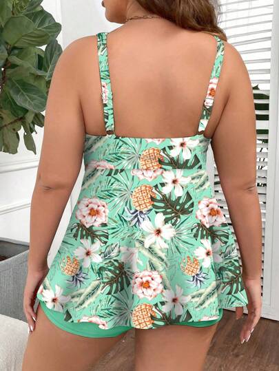 Swim Lushoire بدلة سباحة تانكيني مطبوعة بنقشة الزهور، بياقة على شكل حرف V وبدون أكمام، مقاس كبير