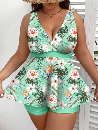 Swim Lushoire بدلة سباحة تانكيني مطبوعة بنقشة الزهور، بياقة على شكل حرف V وبدون أكمام، مقاس كبير